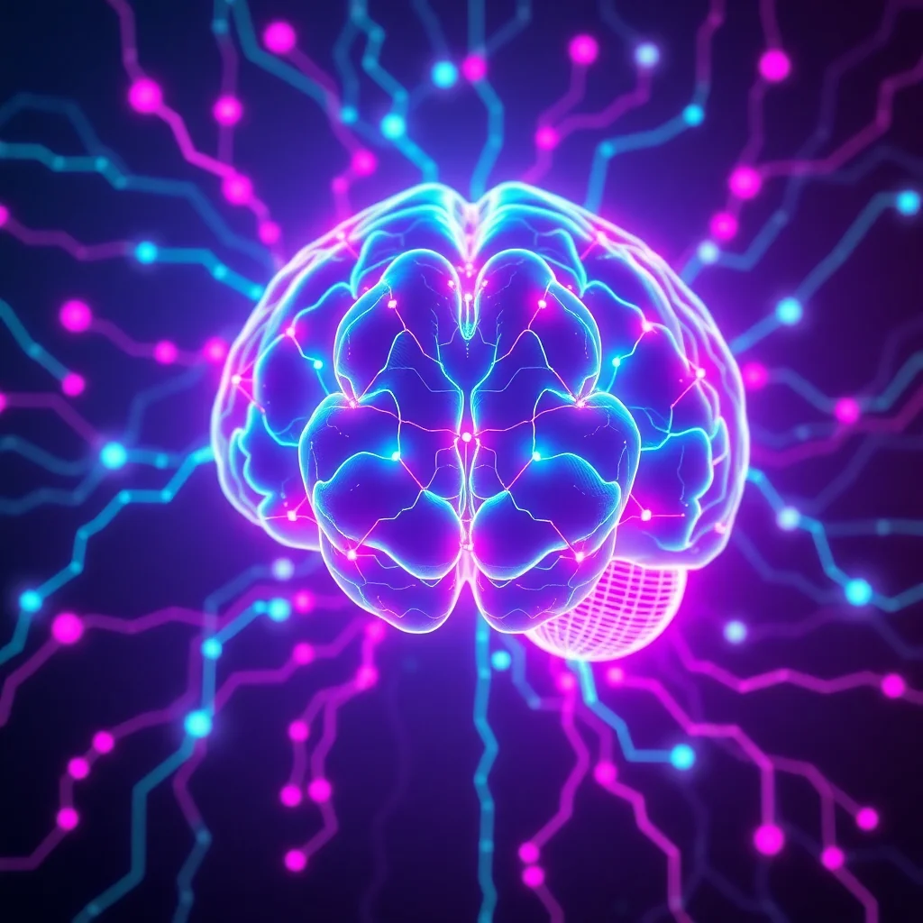 Futuristic digital brain network with glowing cyan and magenta neural pathways